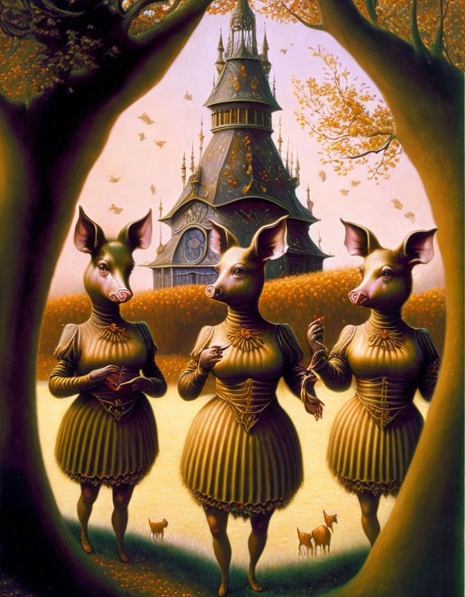 Anthropomorphic pigs in dresses near clock tower in autumn setting