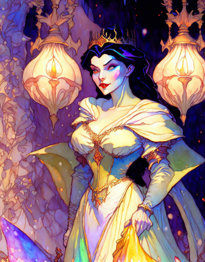 Regal queen illustration with glowing lanterns and floral backdrop