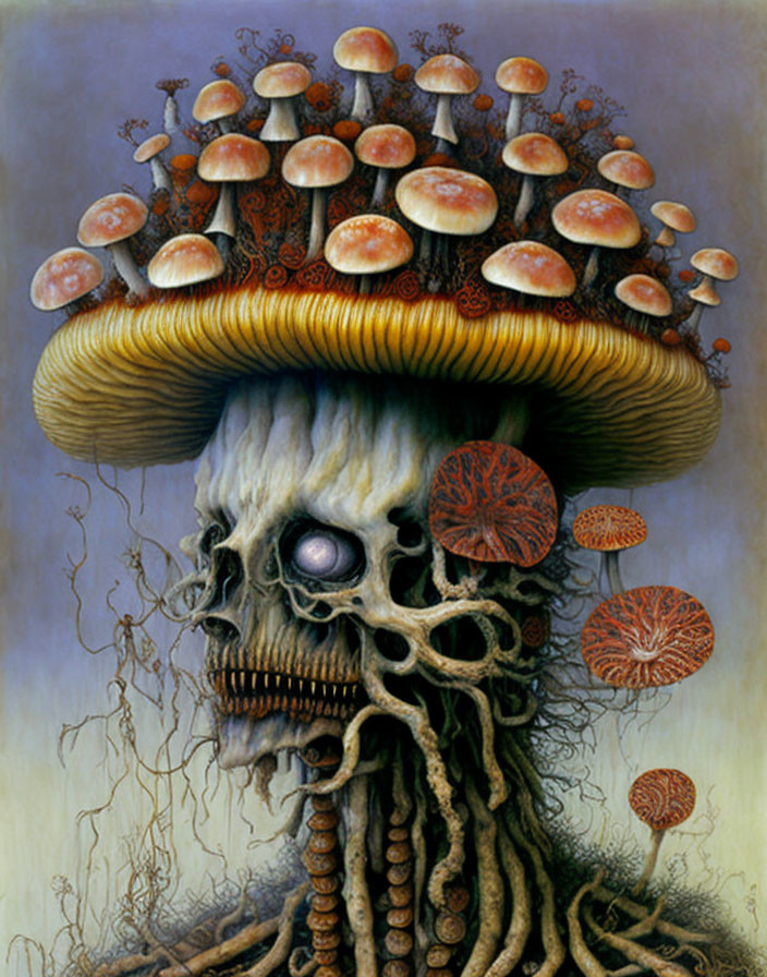 Skull with Eye Surrounded by Mushrooms and Roots