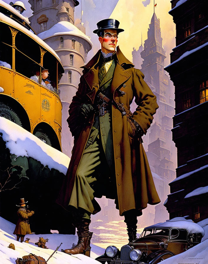 Stylized illustration of man in trench coat in snowy cityscape