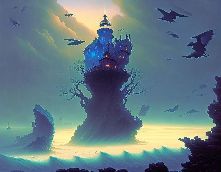 Mystical blue castle on towering rock formation by foggy sea