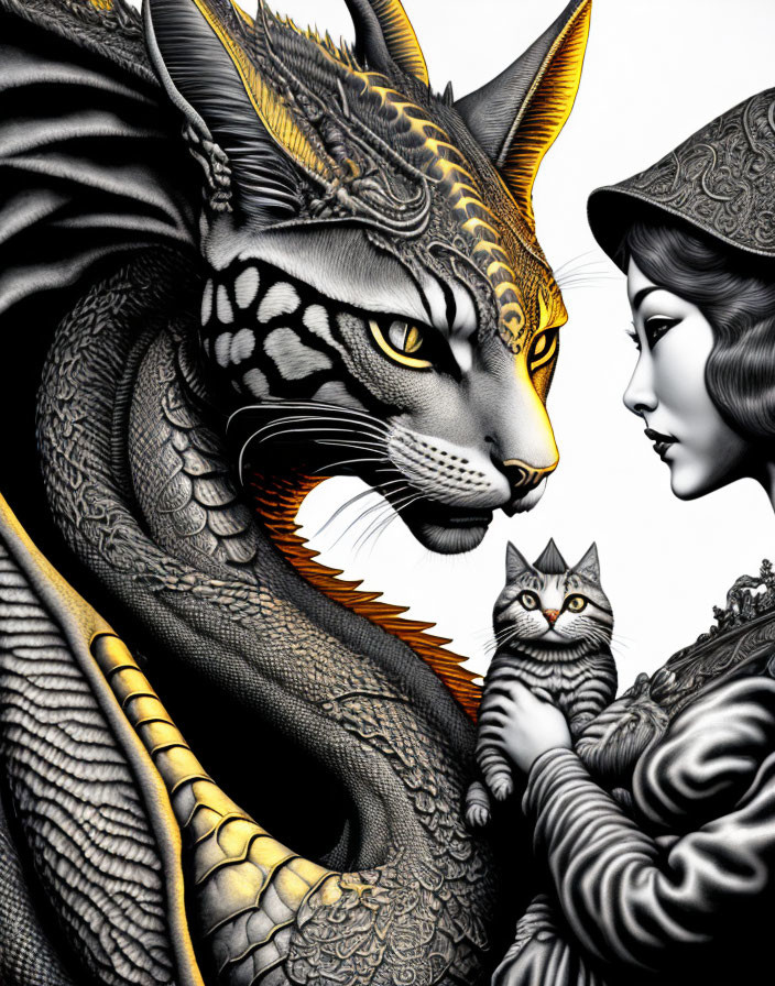 Detailed vintage woman with cat facing majestic dragon.