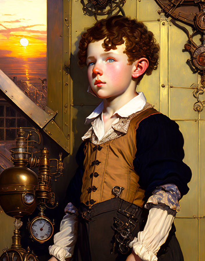 Young boy in vintage attire with curly hair near steampunk machinery at sea.