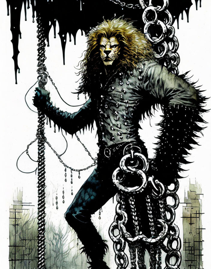 Gothic lion-headed figure in chains with dripping black background