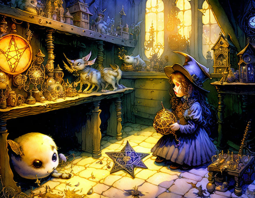 Whimsical girl in witch costume with star lantern in magical room