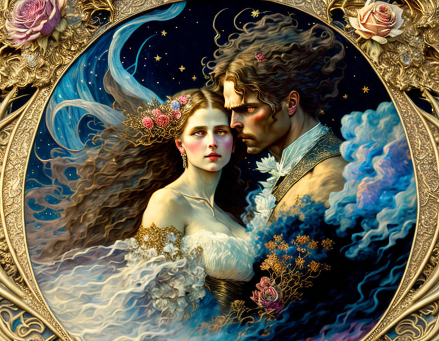 Ornate illustration of man and woman with fantastical features in romantic setting