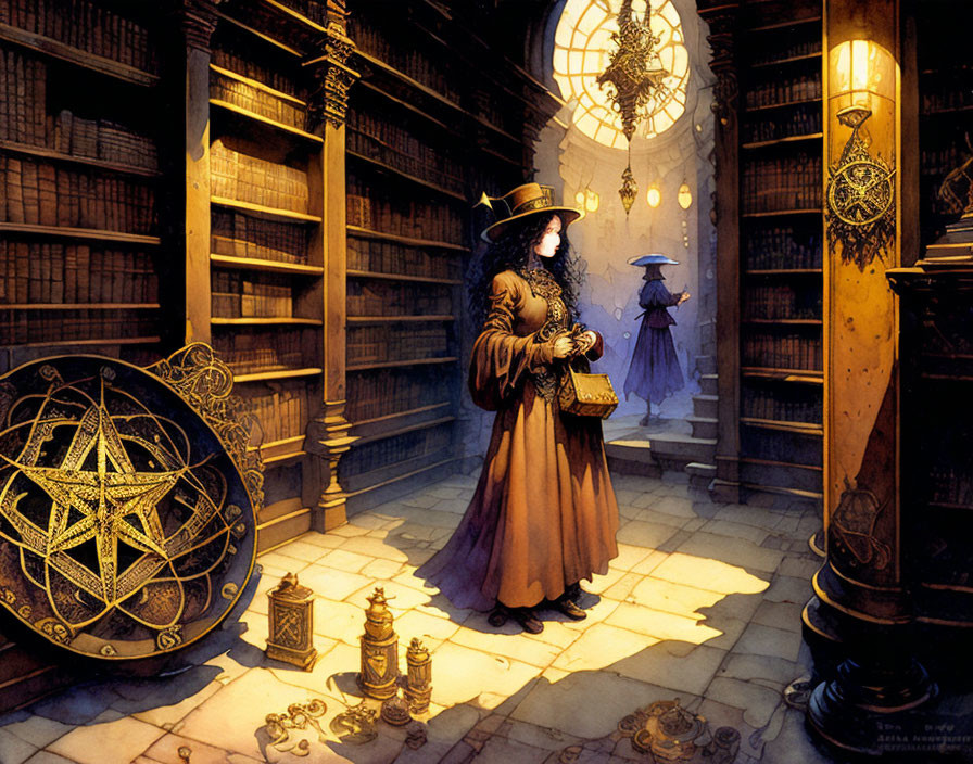 Wizard in Hat and Robes in Ornate Magical Library