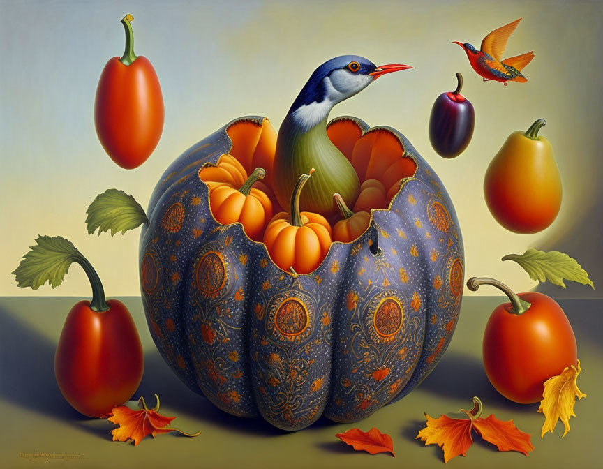 Surreal image: Bird in pumpkin with floating tomatoes & leaves