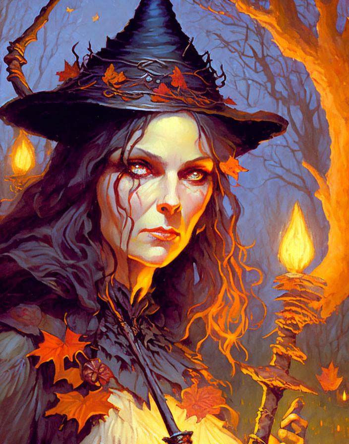 Mystical witch illustration with intense gaze in fiery autumn setting