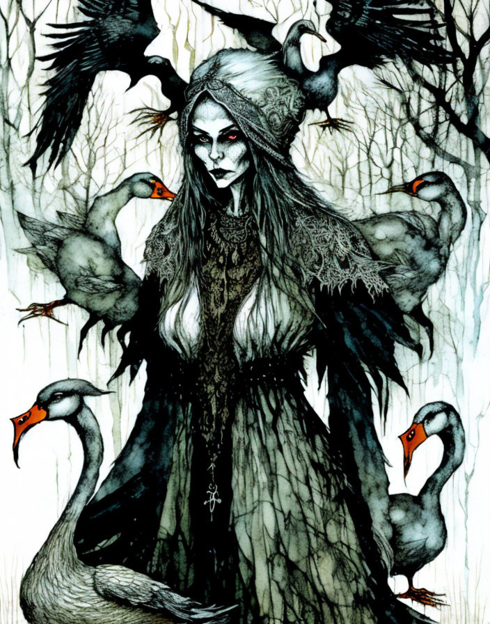 Mystical woman surrounded by swans in a barren tree setting