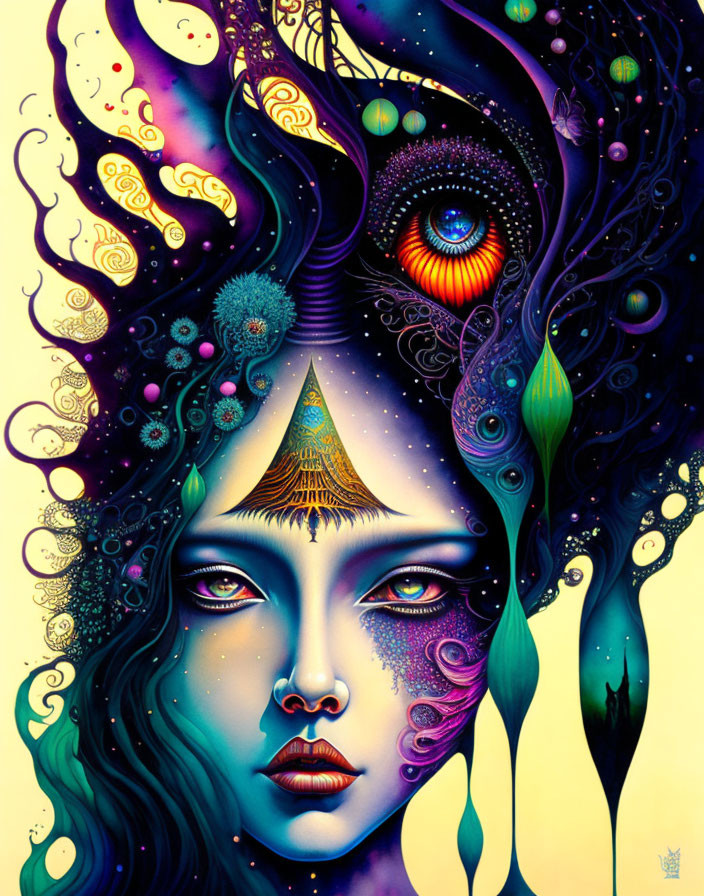 Vibrant surrealist artwork featuring woman's face with third eye and cosmic hair design