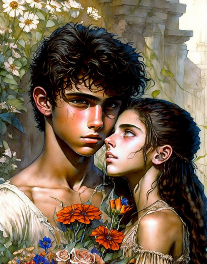 Young Couple Embraced Surrounded by Flowers and Foliage