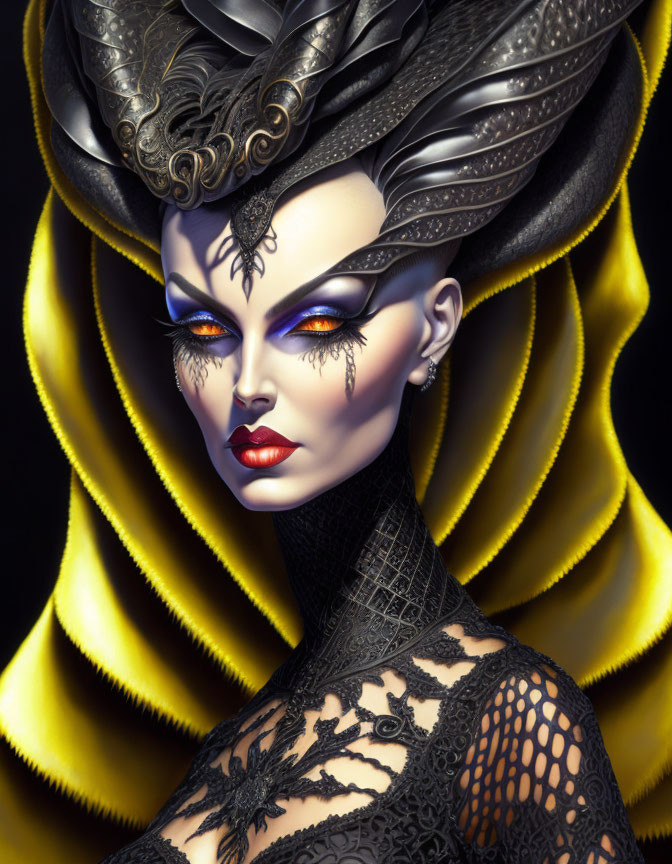 Stylized woman with ornate black and gold headgear and lace garment