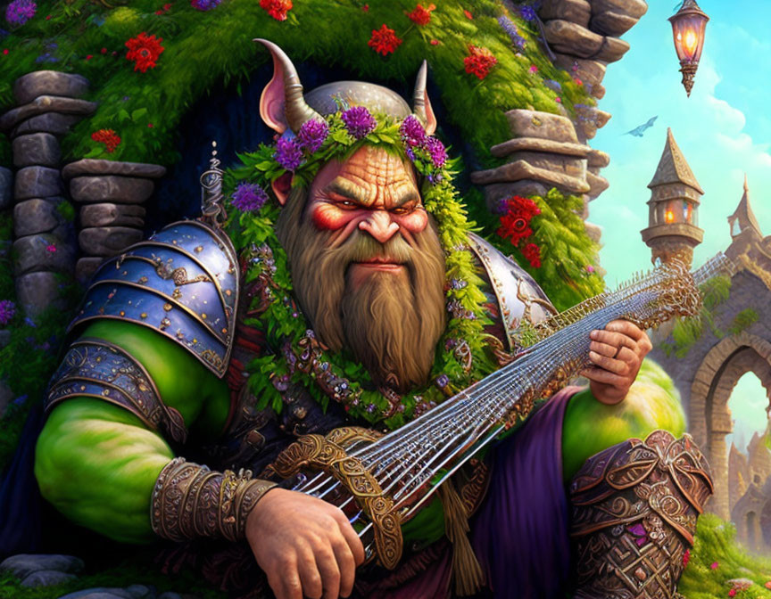 Fantasy illustration of stern orc playing stringed instrument in armor