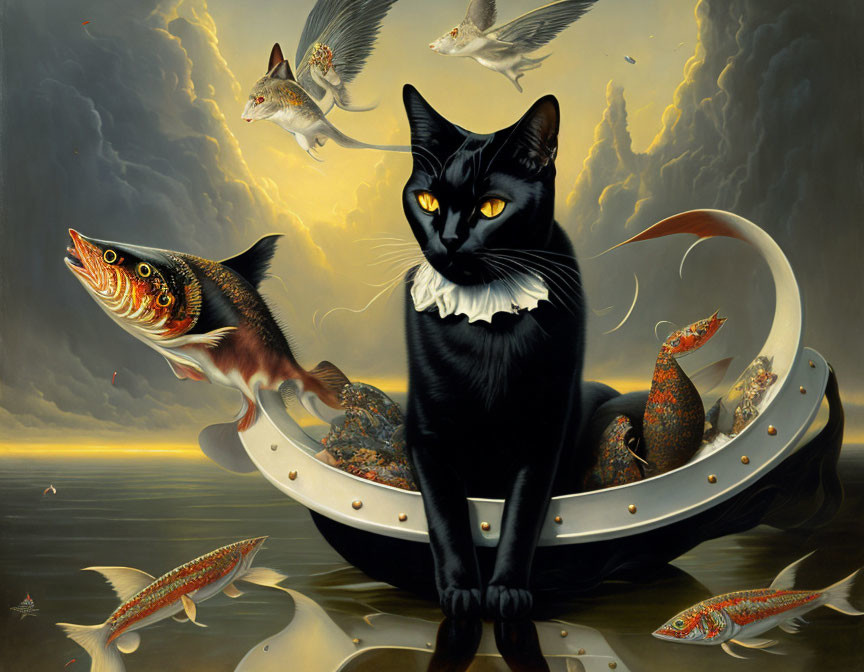 Surreal artwork: black cat in boat with flying fish under dramatic sky