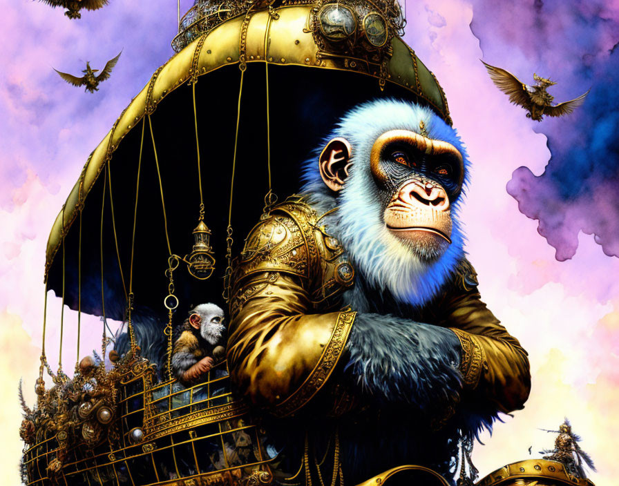 Golden-armored gorilla with monkey on floating ship in surreal sky