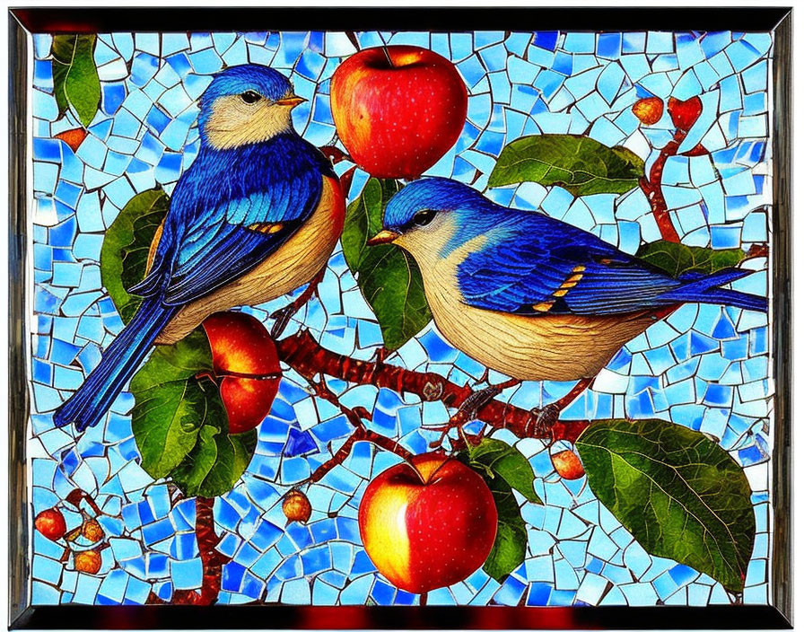 Bluebirds and Red Apples in Stained Glass Art