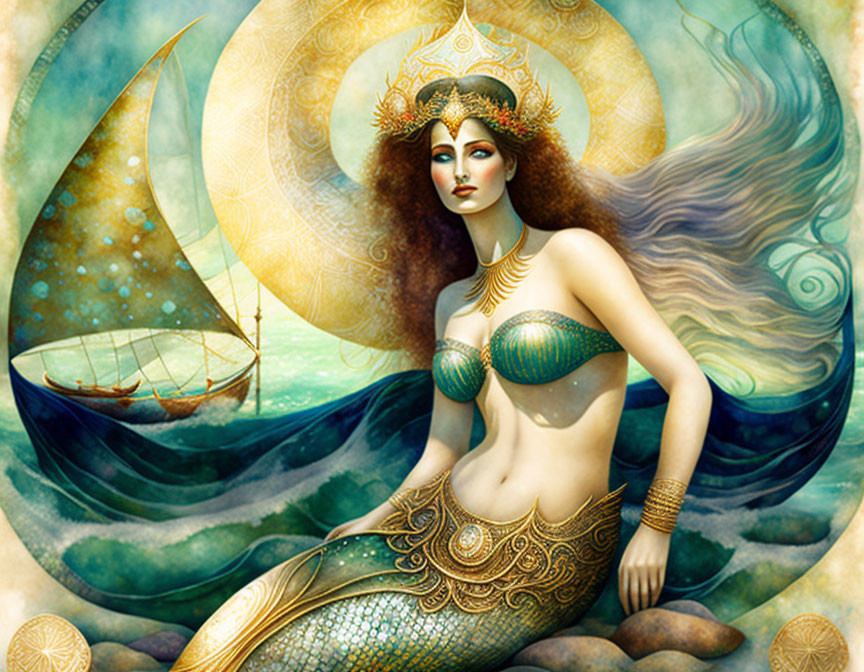 Golden-crowned mermaid by the sea with sailboat and moon in artistic style