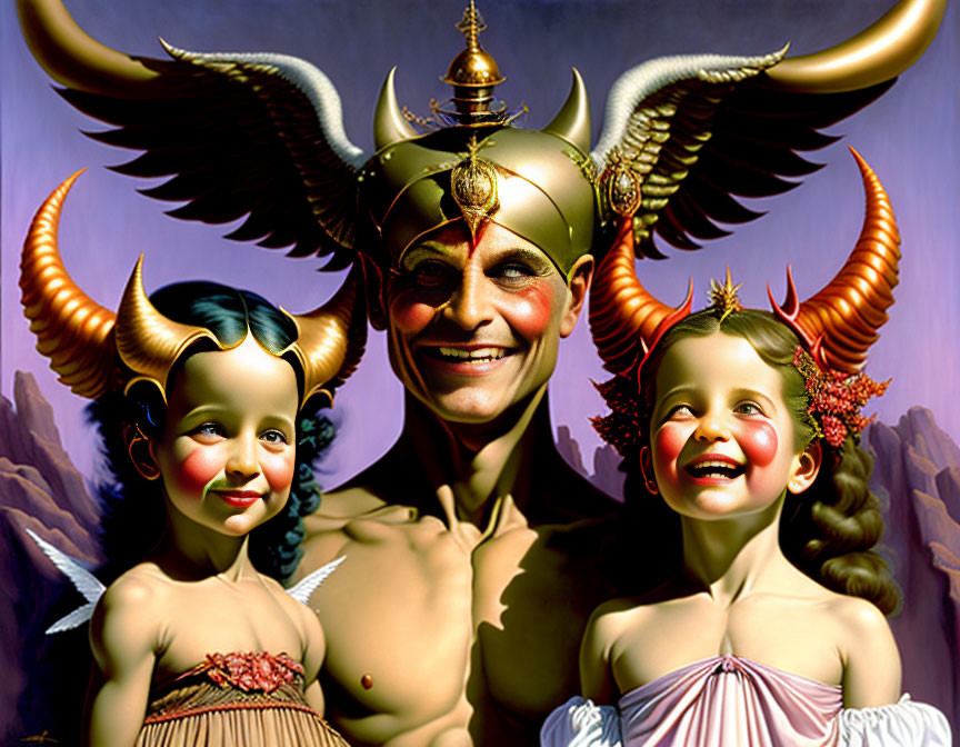 Fantastical image of smiling figures with horns, wings, and a third eye.