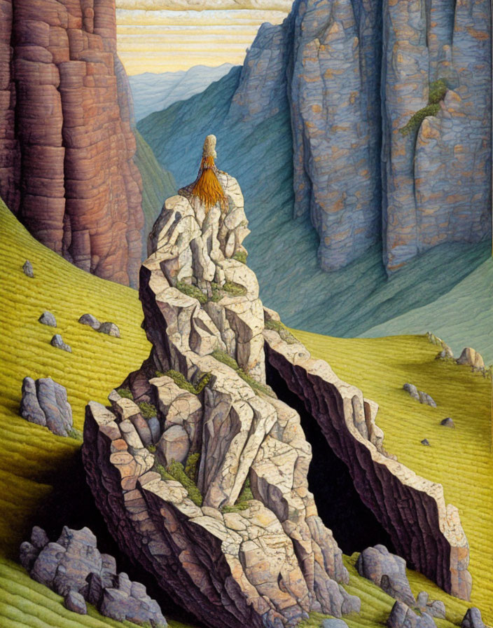 Person in yellow cape on jagged rock amidst hills and cliffs