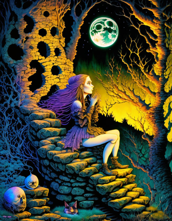 Whimsical artwork of woman with purple hair under full moon