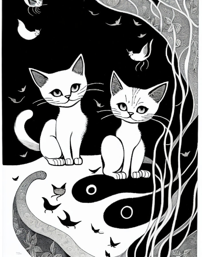 Stylized white cats on yin-yang with swirling patterns