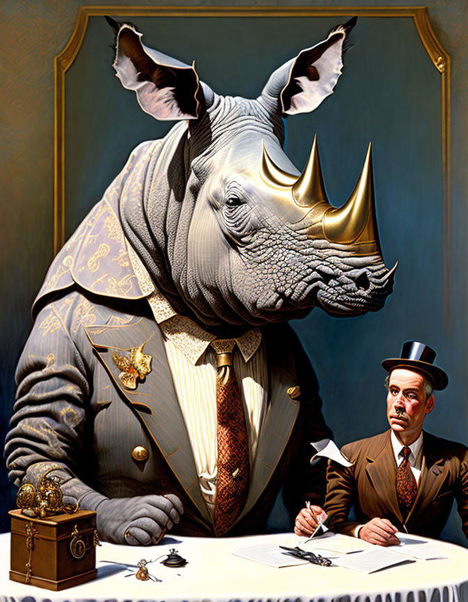 Surreal rhinoceros in suit and bowler hat with man, desk, gramophone