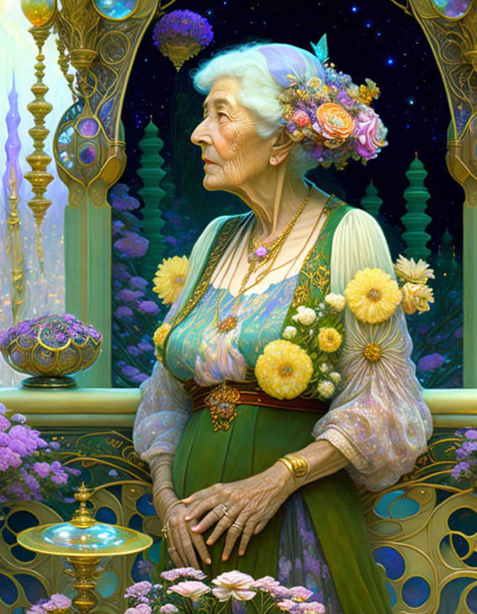 Elderly woman in floral gown with starry backdrop and golden decor