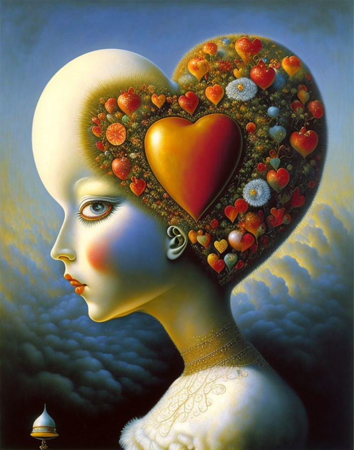 Surreal portrait of a woman with heart-shaped head and fruits, flowers, red heart against dream