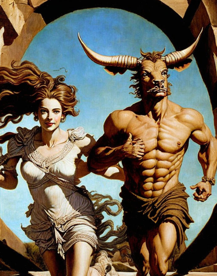 Mythological painting: Minotaur creature running with woman in classical dress