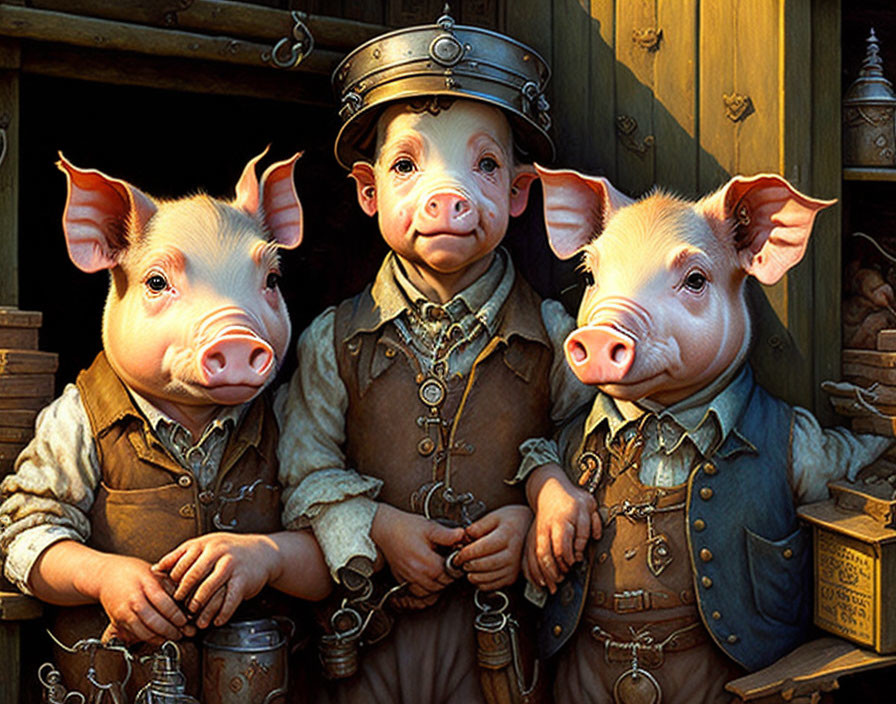 Medieval-themed anthropomorphic pig trio in costume pose.