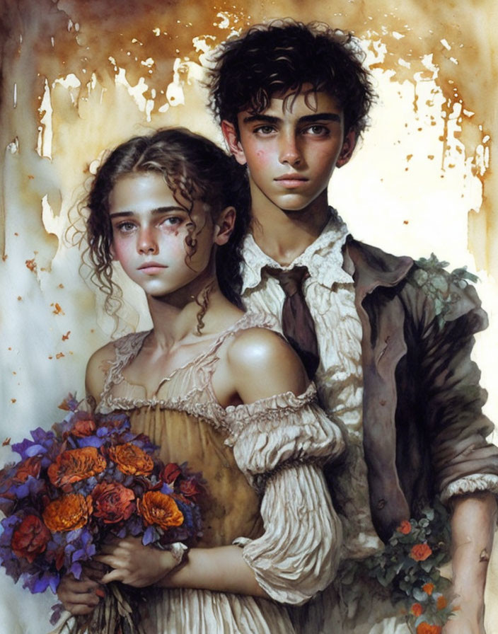 Portrait of young woman and man with flowers in beige dress.