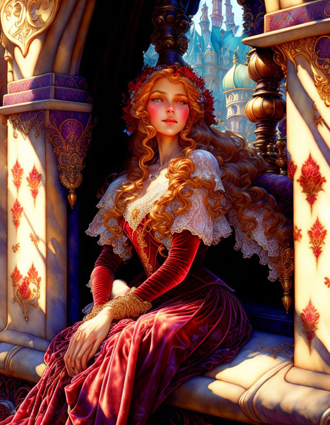 Young Woman in Medieval Attire with Red Hair and Castle Background