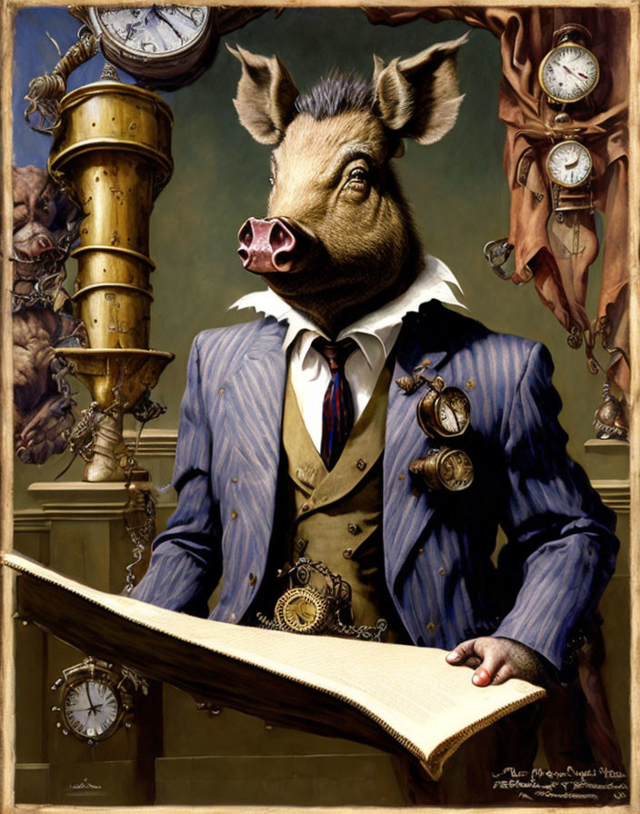 Surrealist anthropomorphic pig in suit with monocle reading book among vintage clocks