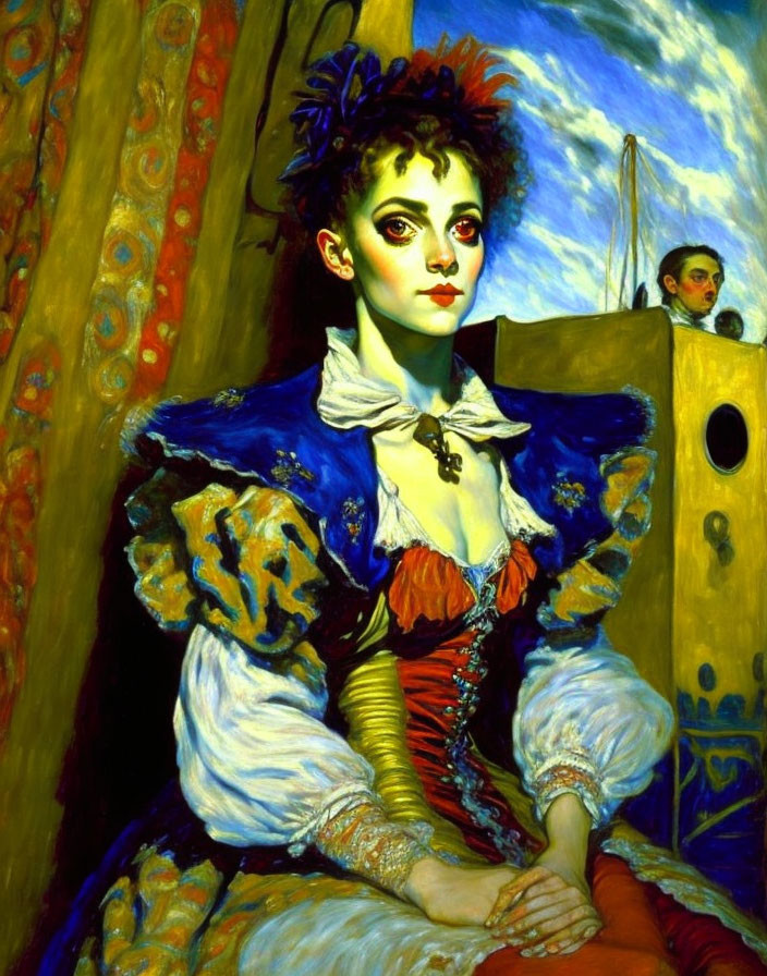 Colorful Woman Portrait with Elaborate Costume and Sailboat Backdrop