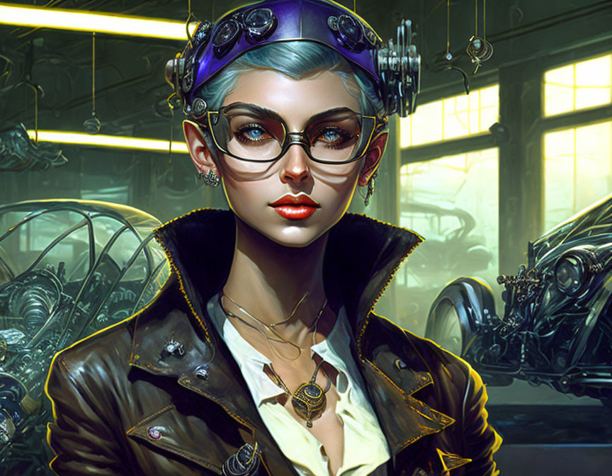 Blue-haired female character in leather jacket and goggles in futuristic workshop