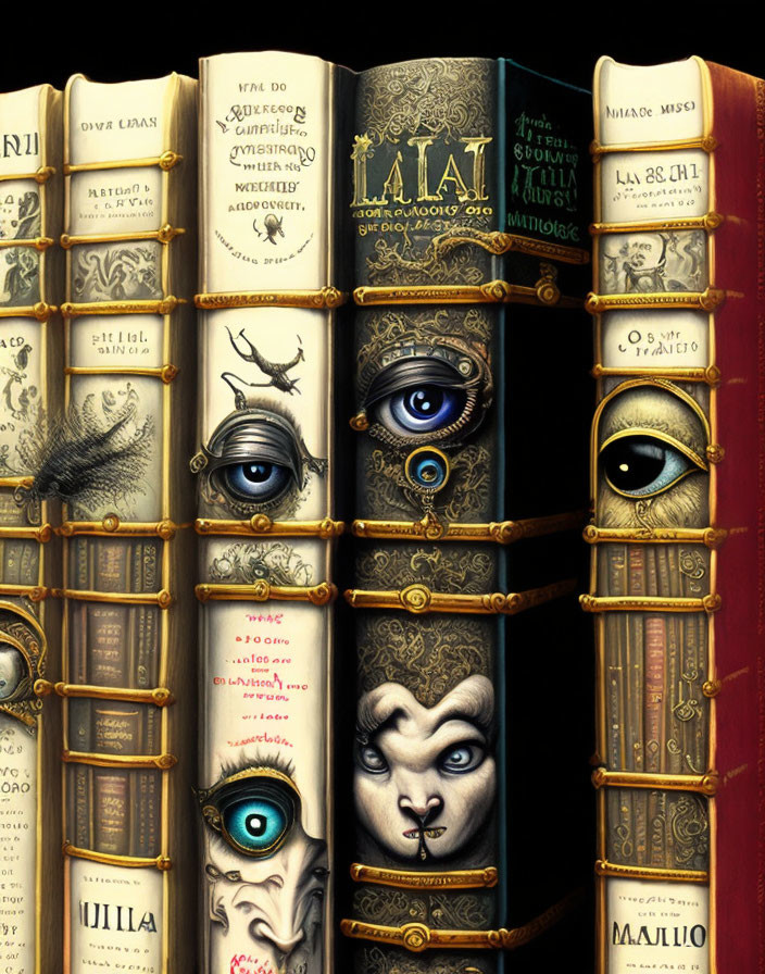 Bookshelf with whimsical book spines featuring eyes and faces