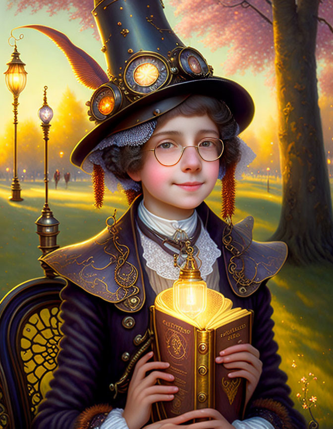 Steampunk-themed portrait with person in top hat and book