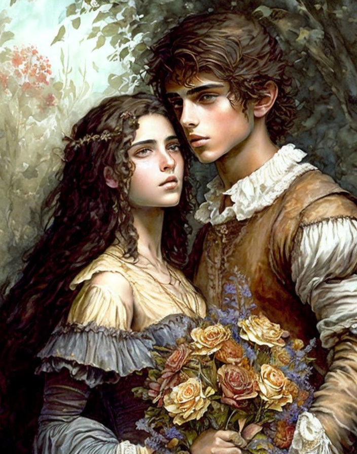 Vintage Attired Young Couple with Roses in Romantic Painting