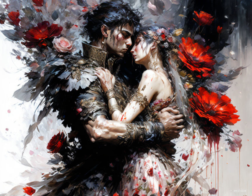 Intimate embrace painting with ornate attire and red flowers