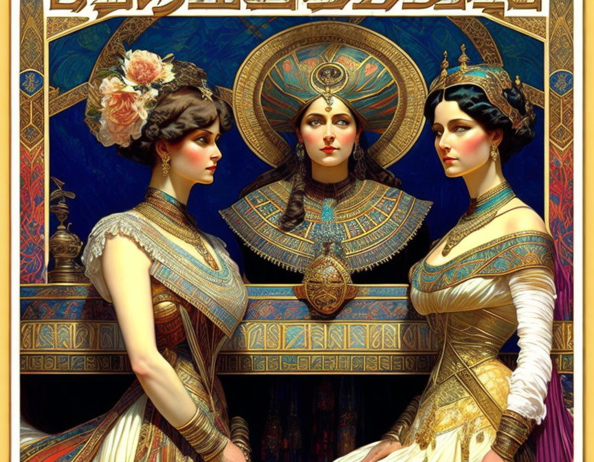 Three women in ancient Egyptian attire with intricate jewelry and headdresses against hieroglyphic background