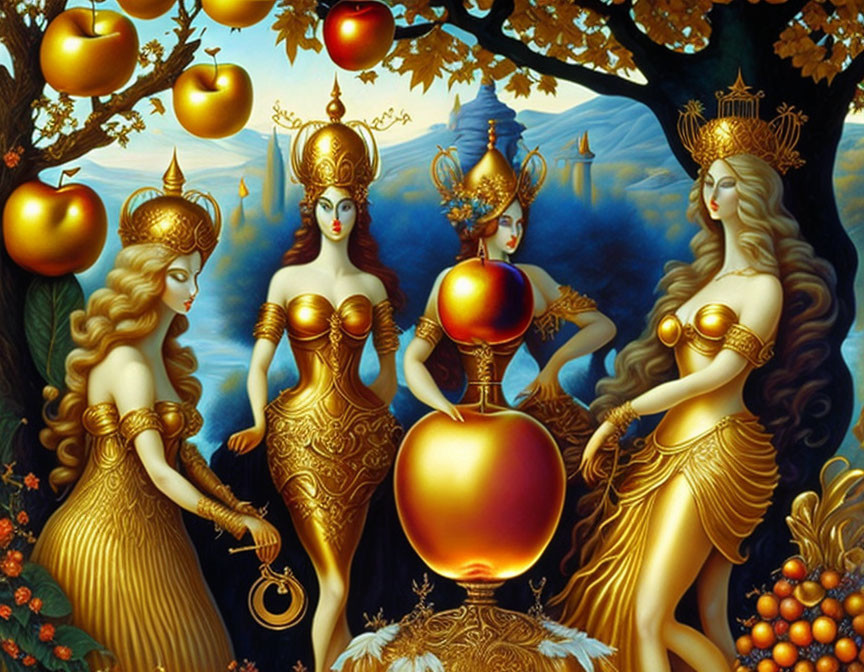 Four Women in Golden Outfits with Ornate Headpieces by Golden Apple Tree