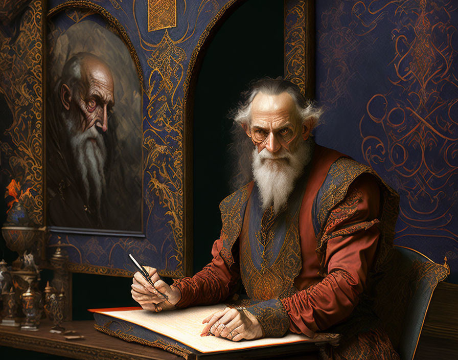 Elderly bearded man in historical clothing writing in a decorative room