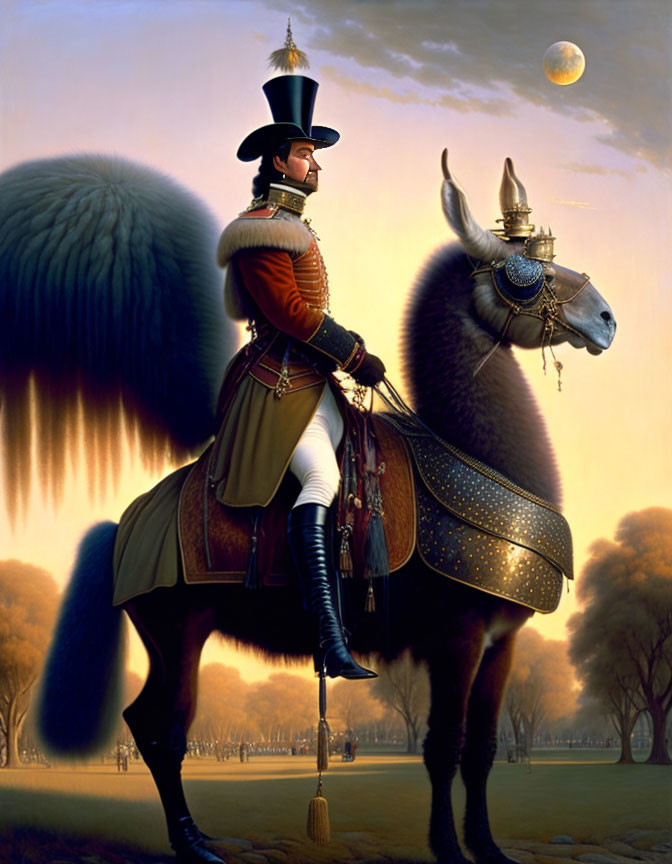 Surreal image: man in 19th-century military attire riding winged llama