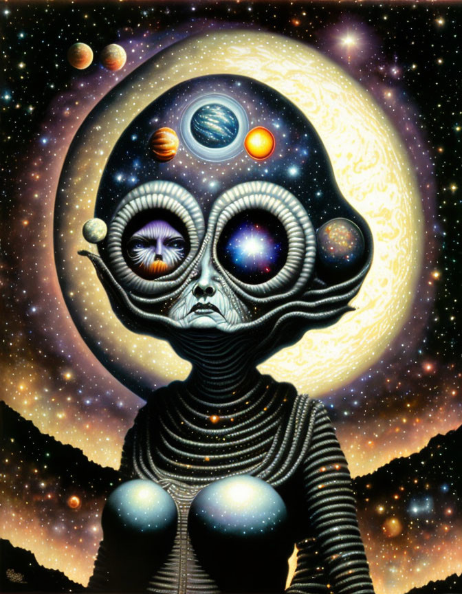 Surreal painting of alien with cosmic head on moonscape