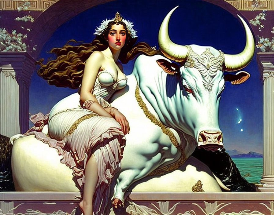 Woman with crown on white bull in ornate setting