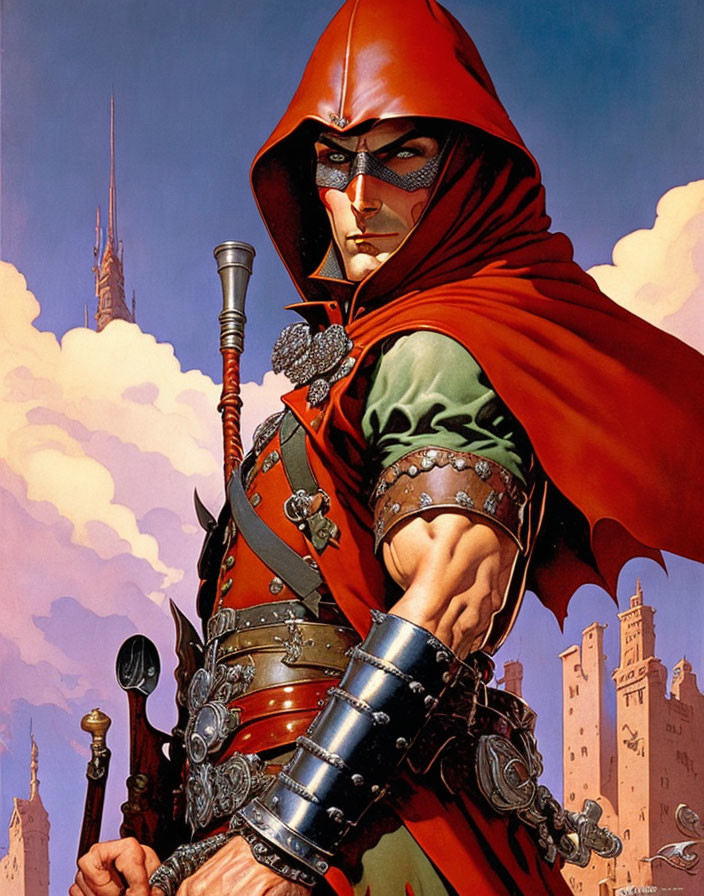 Stoic figure in red cloak and armor with staff against castle backdrop