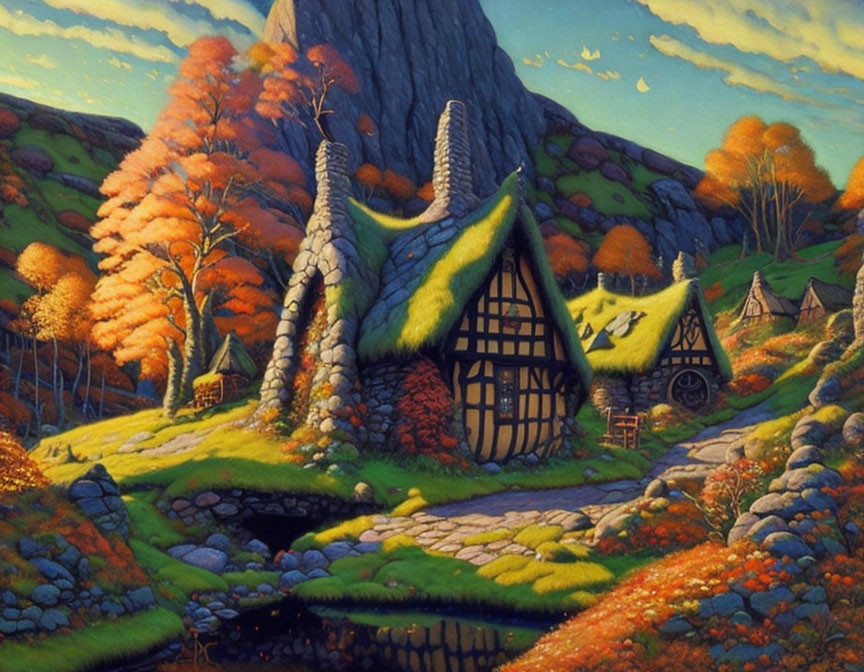 Colorful Autumn Landscape with Thatched-Roof Cottage & Mountain