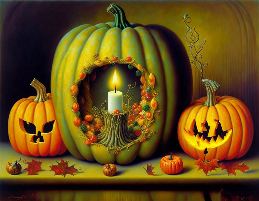 Whimsical painting of large pumpkin with doorway and lit candle surrounded by jack-o'-lanterns