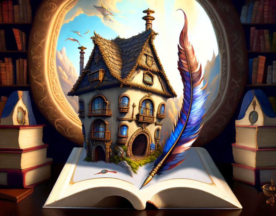 Illustration of open book with magical quill and fantasy cottage amidst books and twilight sky